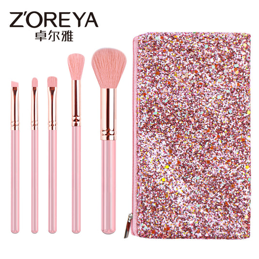 Z'oreya cross-border new portable pink transparent handle beauty tools 5 PCs eyeshadow brush brush suit wholesale