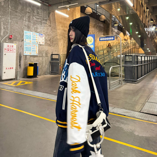 2025 spring new national fashion flocking embroidered letters baseball uniform jacket women's loose trendy design jacket