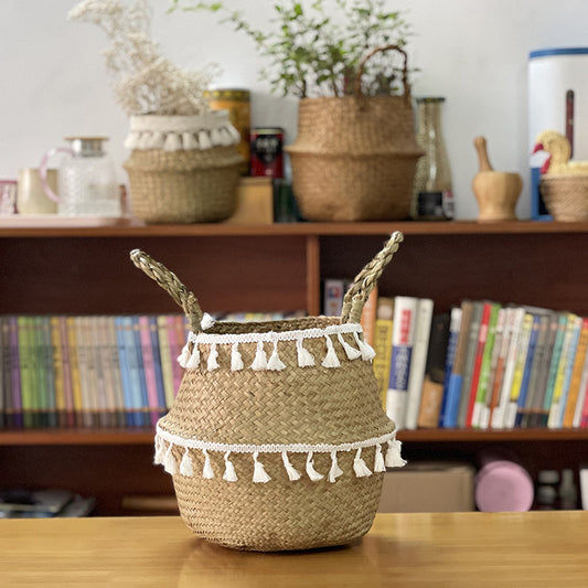 Cross-border new arrival tassel decoration Nordic style woven sea grass basket creative home sundries storage + straw baskets