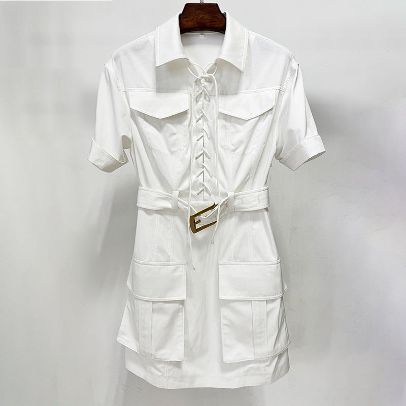Leisure Cargo style shirt dress 2026 spring new chest strap matching metallic belt solid color short dress