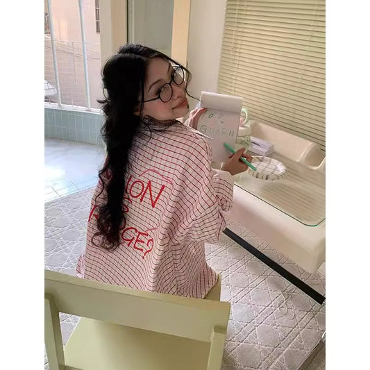 Spring and Autumn new love plaid shirt Women's loose sun protection cardigan design sense niche casual all-matching bandage dress shirt