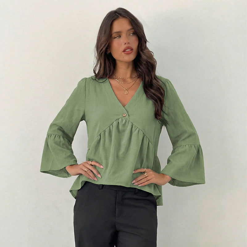 Cross-border European and American retro V-neck shirt 2026 New Amazon independent station Foreign Trade women's clothing shirt pullover top