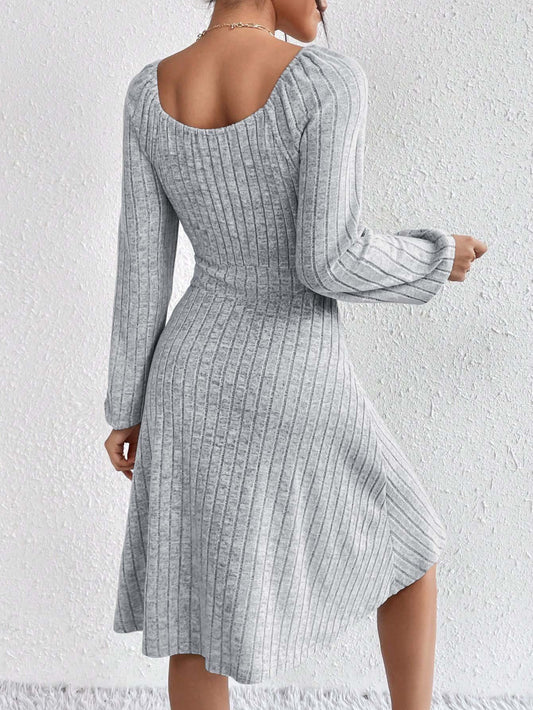 2026 autumn and winter Amazon cross-border women's clothing European and American square-neck cinched large skirt hot sale sunken stripe long sleeve dress