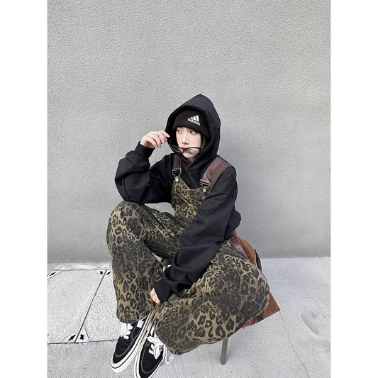 American retro street style leopard print pocket suspender pants women's spring and autumn loose ins trendy all-matching wide leg casual pants