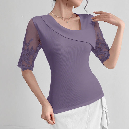 2026 new cross-border European and American ladies fashion elegant asymmetric neckline mesh patchwork short sleeve fashion T-shirt