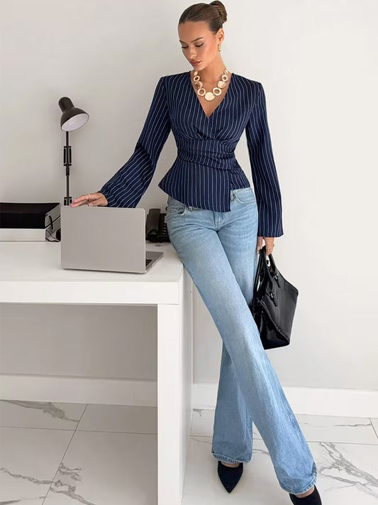 Cross-border European and American women's clothing fashion striped v-neck shirt long sleeve 2026 Amazon foreign trade cinched blouse pullover