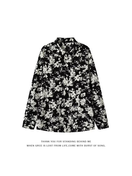 2026 spring Hong Kong style new men's Pu Shuai ice silk printed long-sleeved shirt large size fashion casual beach shirt