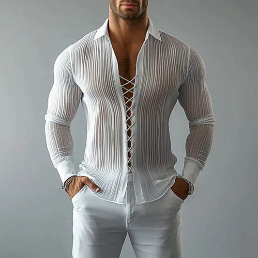 2026 autumn and winter New European and American men's lapel strap design shirt hollow out abstinence style texture men's shirt