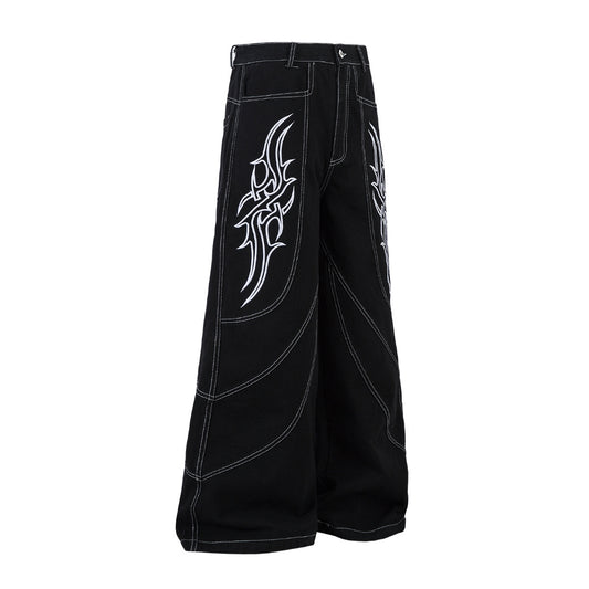 Shop 2026 High Street RO Style Flame Embroidery Jeans at USAve Merchandise. Loose wide-leg washed pants. Free shipping over $50!