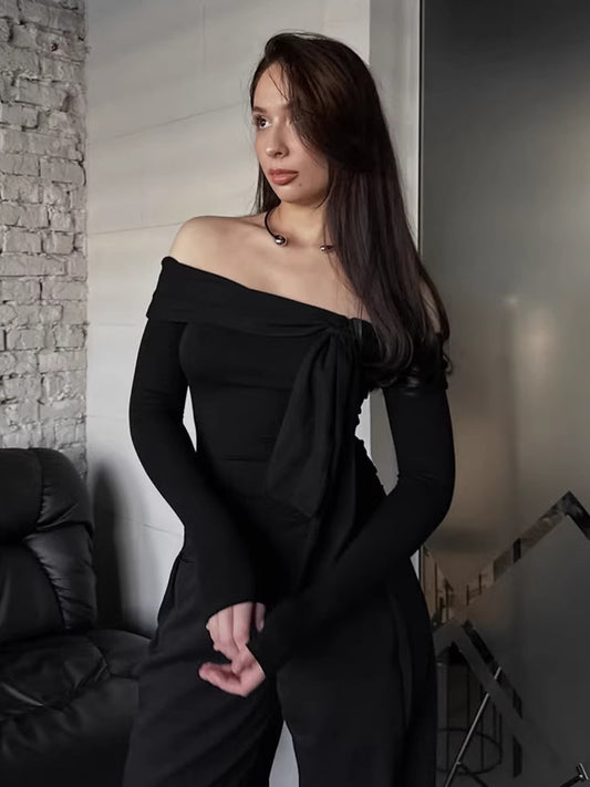 Design off-shoulder knitted bottoming T-shirt for women 2026 spring cross-border commuter long sleeves inner wear bottoming shirt women's clothing