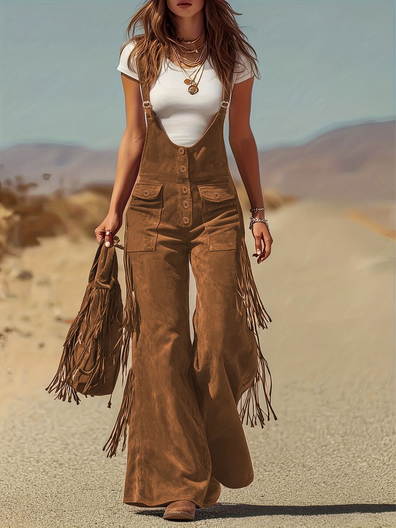 2026 new cross-border European and American hot women's retro Western suede fringed wide-leg suspender trousers