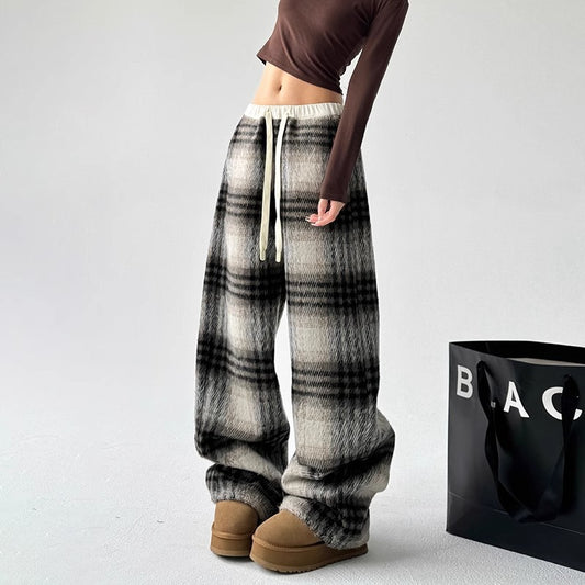 Fleece-lined thick wool plaid pants women's autumn and winter New straight casual high waist loose and idle mop pants