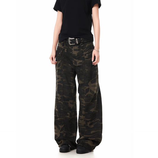 High street three-dimensional pinch pleated design camouflage workwear jeans Women's American retro casual vibe loose straight trousers