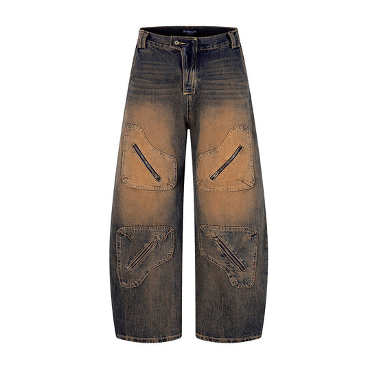 Jiayiku men's clothing 2026 new American high street RO style rust washed jeans loose cargo wide leg pants