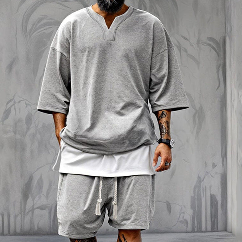 Europe and America cross border 2026 new hot sale casual men's suit loose V-neck short sleeve shorts trendy men's clothing suit