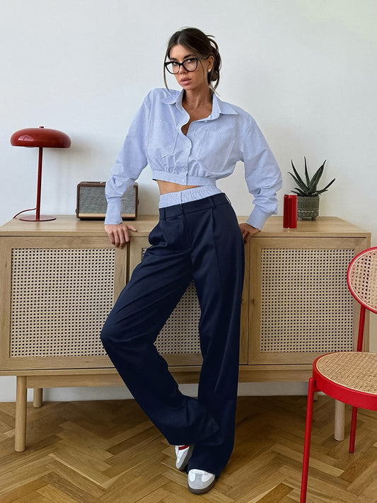 American design blue plaid suit women's 2026 spring cross-border short shirt navy blue suit pants two-piece set
