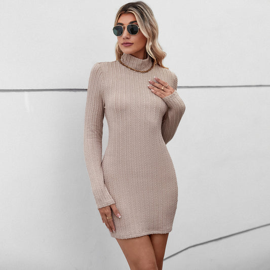 Amazon cross-border 2026 popular knitted half turtleneck temperament commute backless pullover sexy European and American dress for women