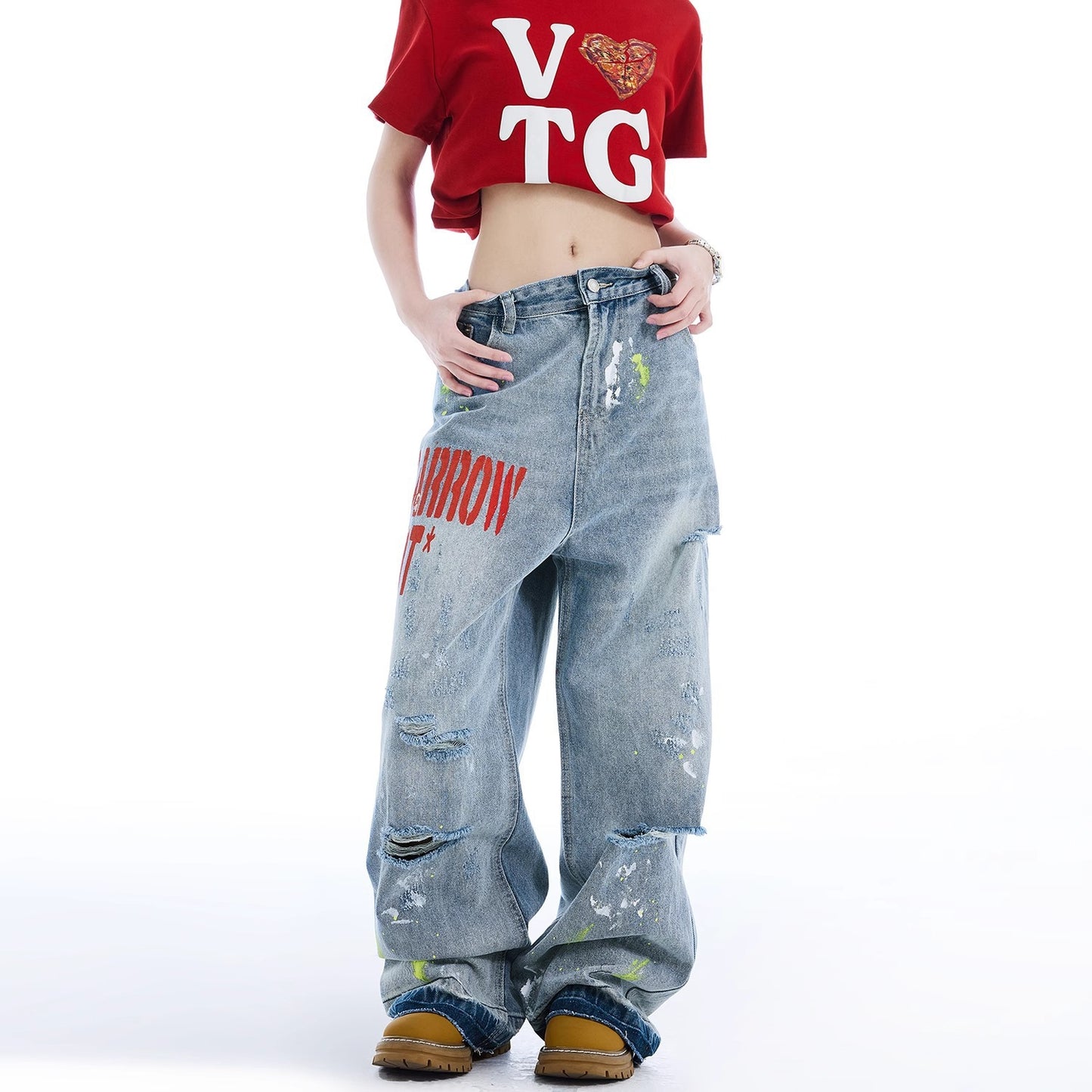 Fashionable retro washed embroidered ripped jeans women's summer New loose American high street wide-leg pants fashion