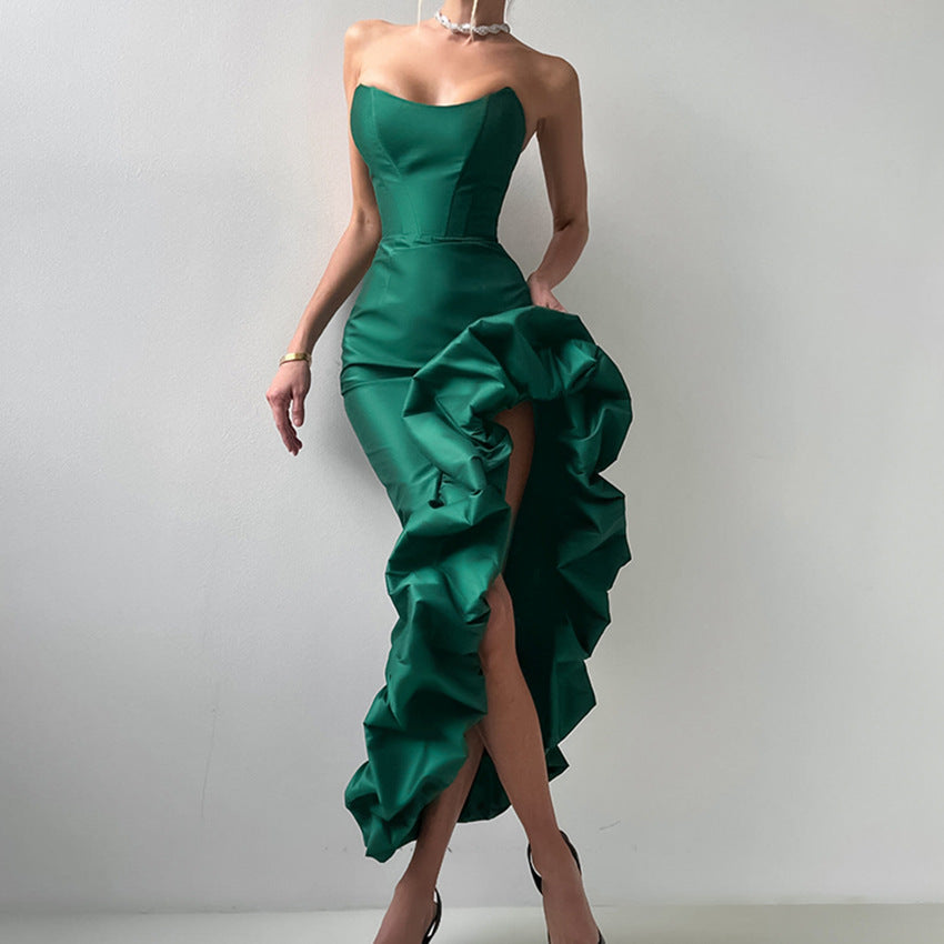 French satin strap dress for women 2026 spring high-grade asymmetric tulle tutu dress mid-length women's clothing