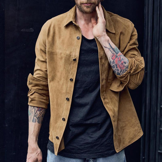 2026 European and American Amazon autumn and winter new men's retro long-sleeved shirt lapel button casual loose shirt