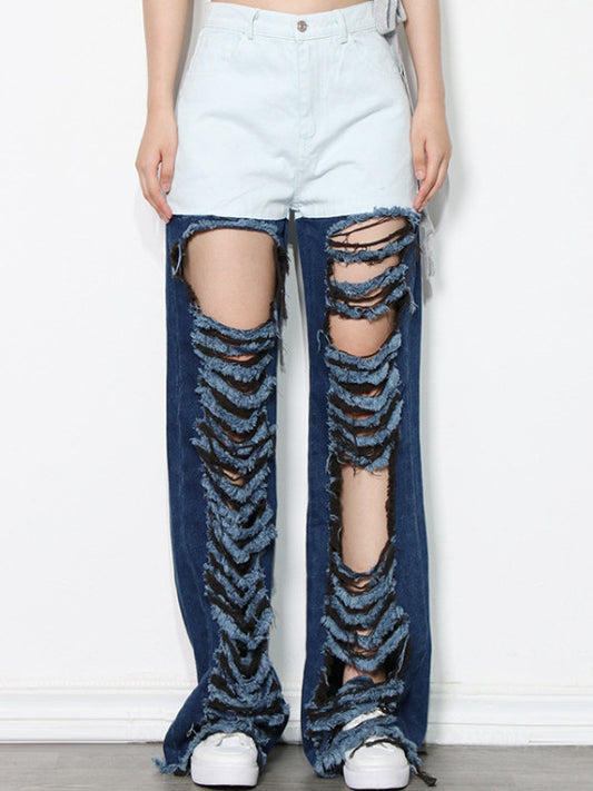 Retro contrast color street fashion style 2026 spring and summer new versatile personality ripped hollow-out straight jeans for women