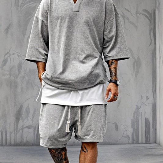Europe and America cross border 2026 new hot sale casual men's suit loose V-neck short sleeve shorts trendy men's clothing suit
