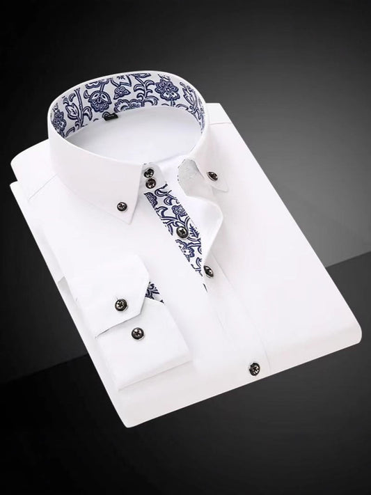 2026 new source factory cross-border blue and white porcelain shirt men's shirt inner shirt white casual men's shirt