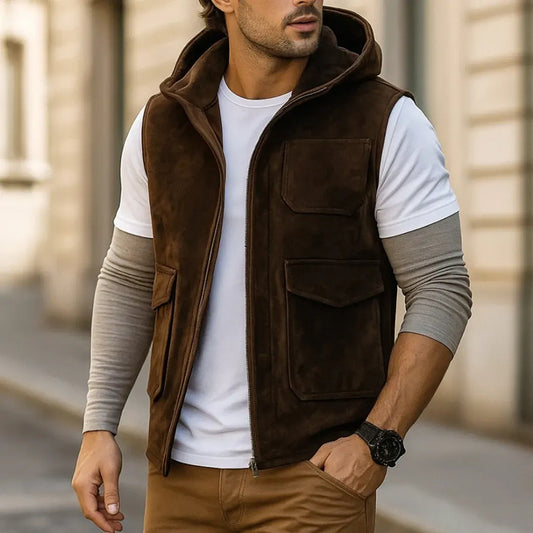 2026 autumn and winter Europe and America cross border new men's hooded suede casual vest solid color fashion zipper vest