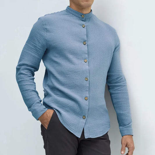 European and American 2026 Spring stand collar button long sleeve men's cross-border hot sale fashion casual all-matching tops texture
