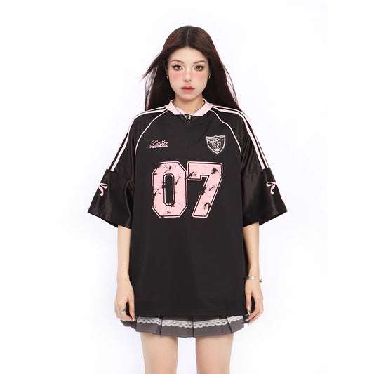 Niche blokette Raglan patchwork short-sleeved T-shirt women's 2025 summer new American v-neck sports jersey top