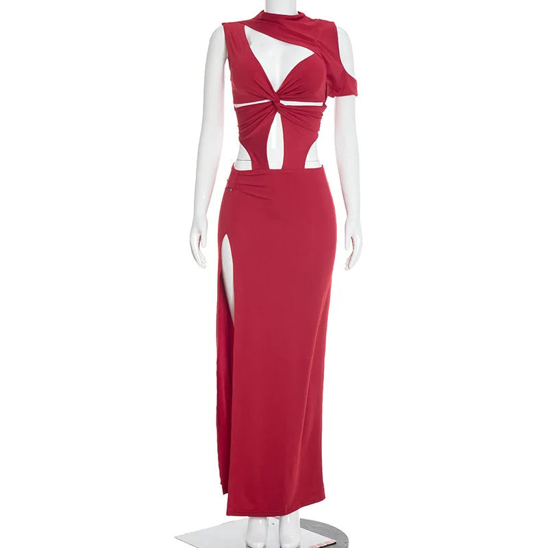 Women Solid Twist Hollow Out Patchwork High Split Bodycon Maxi Dress O Neck Sleeveless Off Shoulder Party Long Robe Evening Gown