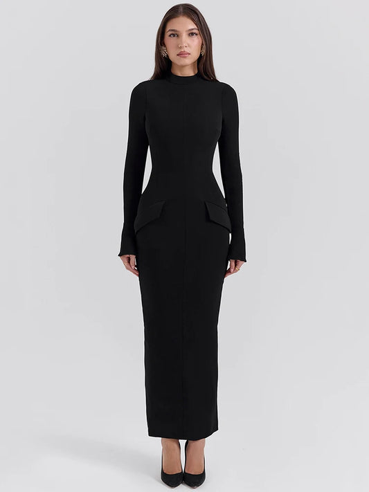 Mozision Black Long Sleeve Sexy Maxi Dress For Women Autumn Winter New O Neck Two Pocket Back Split Bodycon Long Dress Elegant