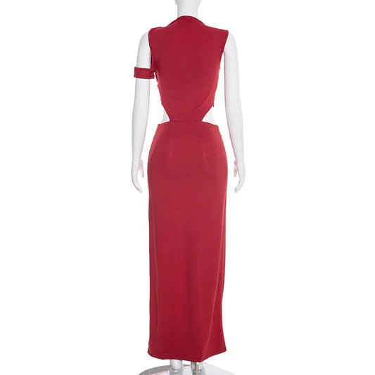 Women Solid Twist Hollow Out Patchwork High Split Bodycon Maxi Dress
