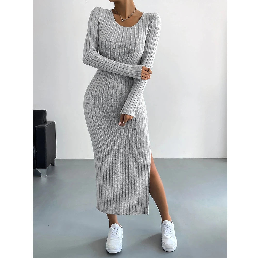Women's Dresses Autumn French Plain Stripe Split Long Sleeve Scoop Neck Bodycon Full Length Maxi Casual Dresses