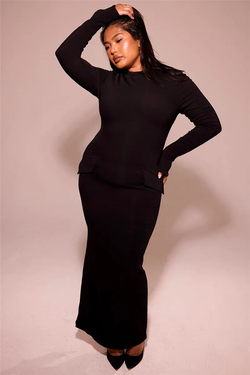 Mozision Black Long Sleeve Sexy Maxi Dress For Women Autumn Winter New O Neck Two Pocket Back Split Bodycon Long Dress Elegant
