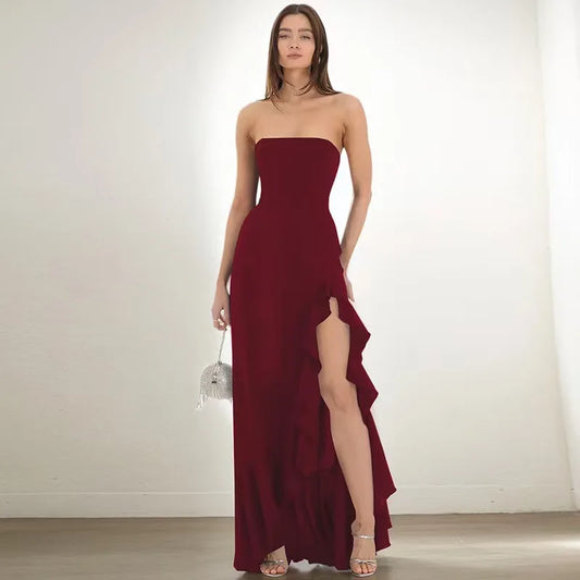 Fashion Off-shoulder Strapless Backless High Split Maxi Dress Sexy