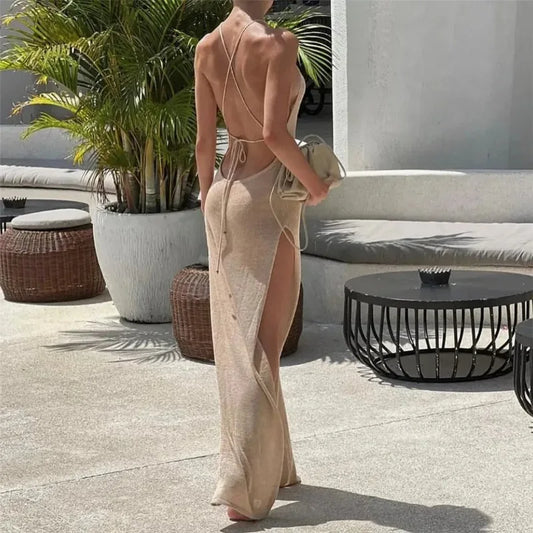 Women Cover Ups Sexy Hollow Out Dresses Spliced Sleeveless Split Maxi Dress Sling Backless Knit Y2k See Through Bodycon