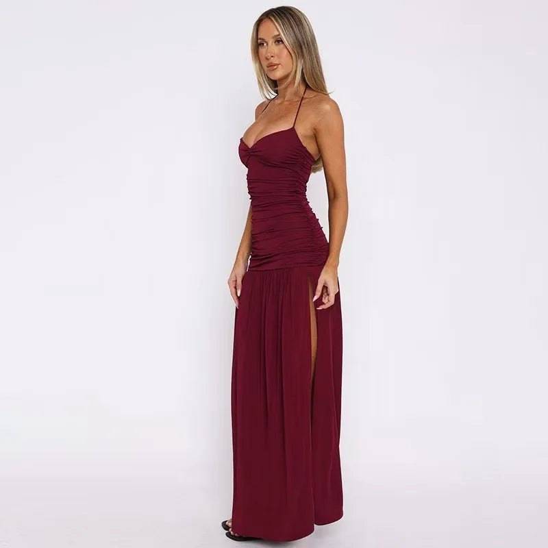 Elegant Solid Spaghetti Strap Maxi Dress For Lady High Split Sleeveless Halter Long Vestido 2025 Summer Party Club Bodycon Gown