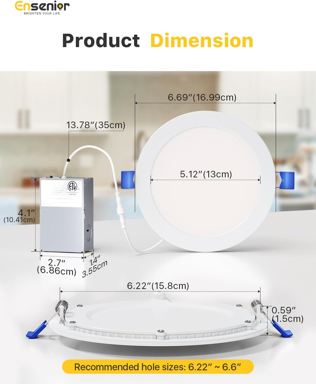 4 Pack 6 Inch LED Recessed Light, Dimmable, 5000K Daylight, 1200LM High Brightness, 12W 120V, 2 Pin, ERL-12X-ETL, Damp Rated, Ultra-Thin Canless Wafer Ceiling Light - ETL & FCC & IC