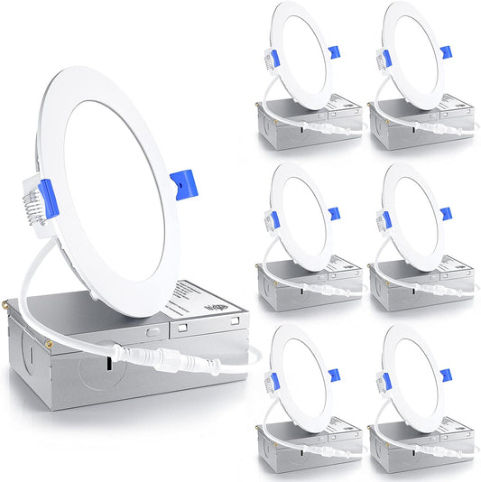 6 Pack 4 Inch LED Recessed Light, Dimmable, 2700K Soft White, 750LM High Brightness, 9W 120V, Damp Rated, Ultra-Thin Canless Wafer Ceiling Light - ETL & FCC & IC