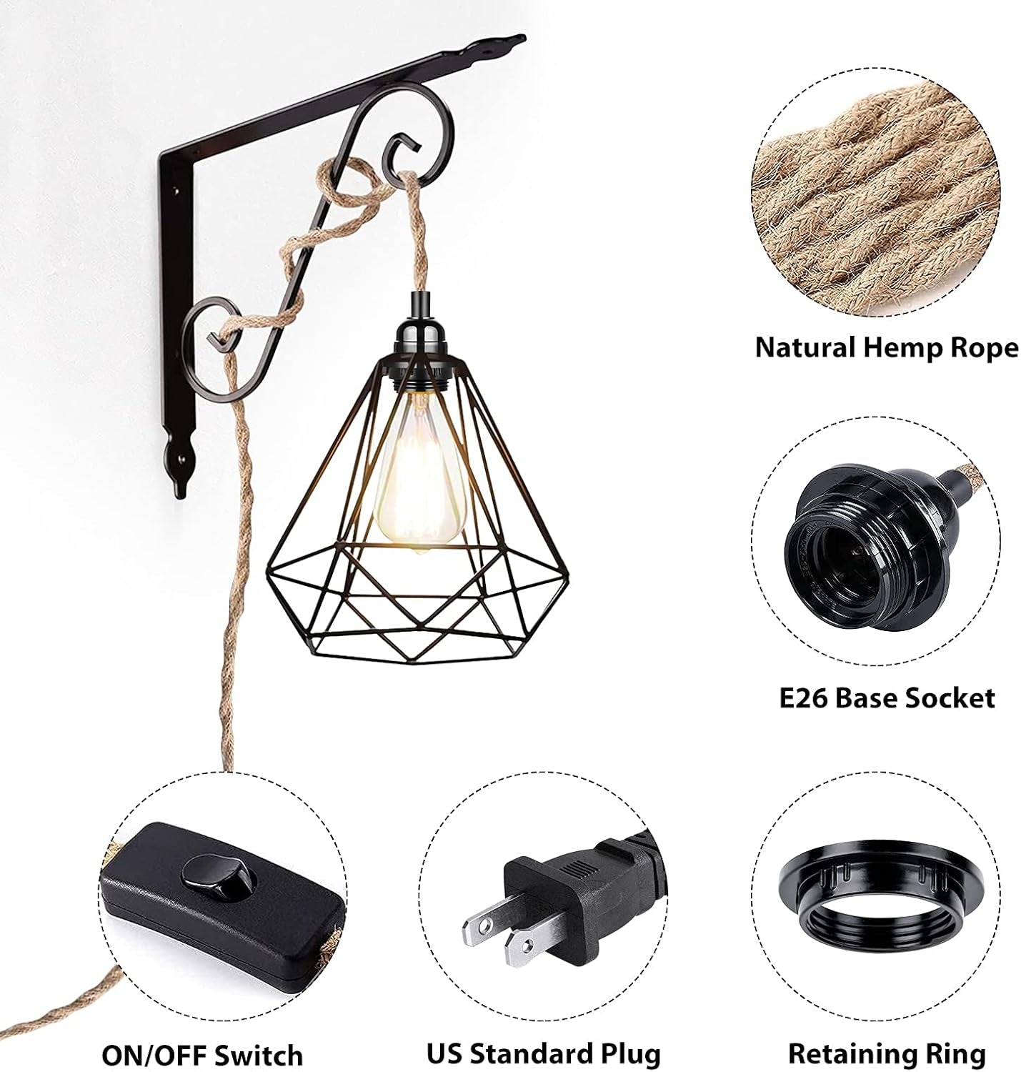 Plug in Hanging Light Fixture, 15FT Pendant Lamp Lights Cord with Switch Cord E26 Bulbs Socket, Industrial DIY Twisted Hemp Rope Overhead Lamps for Farmhouse Bedroom Home Lighting Decors