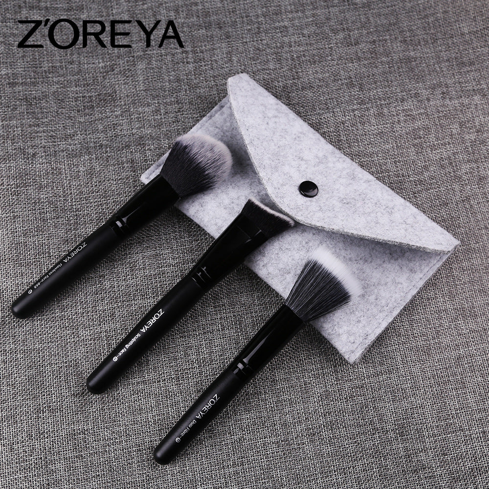 Z'oreya makeup tools New 3 PCs makeup brush set black wooden handle artificial fiber makeup brush set brush