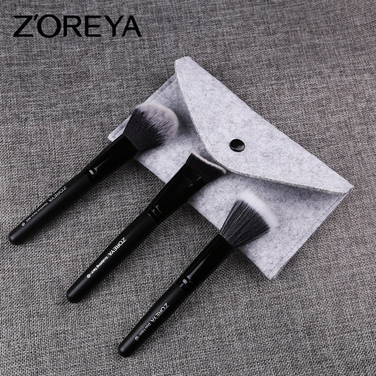 Z'oreya makeup tools New 3 PCs makeup brush set black wooden handle artificial fiber makeup brush set brush
