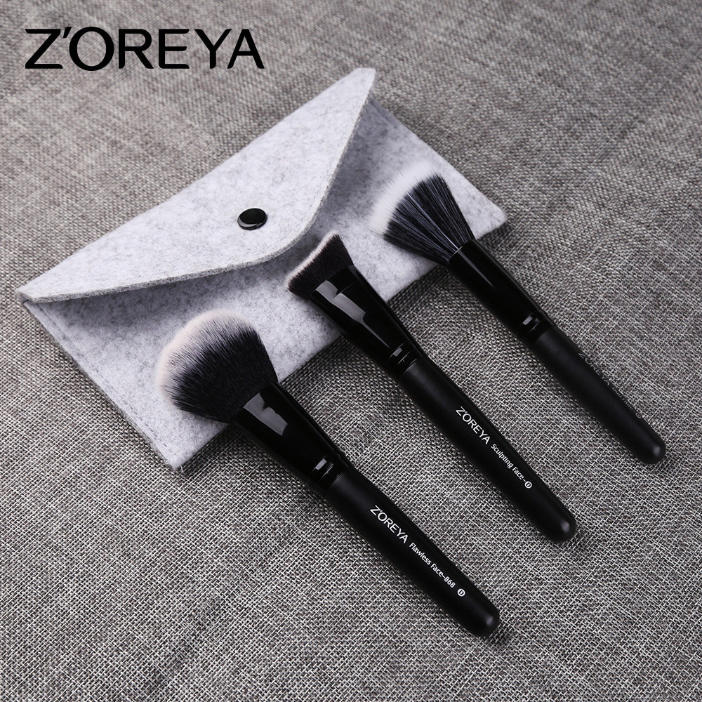 Z'oreya makeup tools New 3 PCs makeup brush set black wooden handle artificial fiber makeup brush set brush
