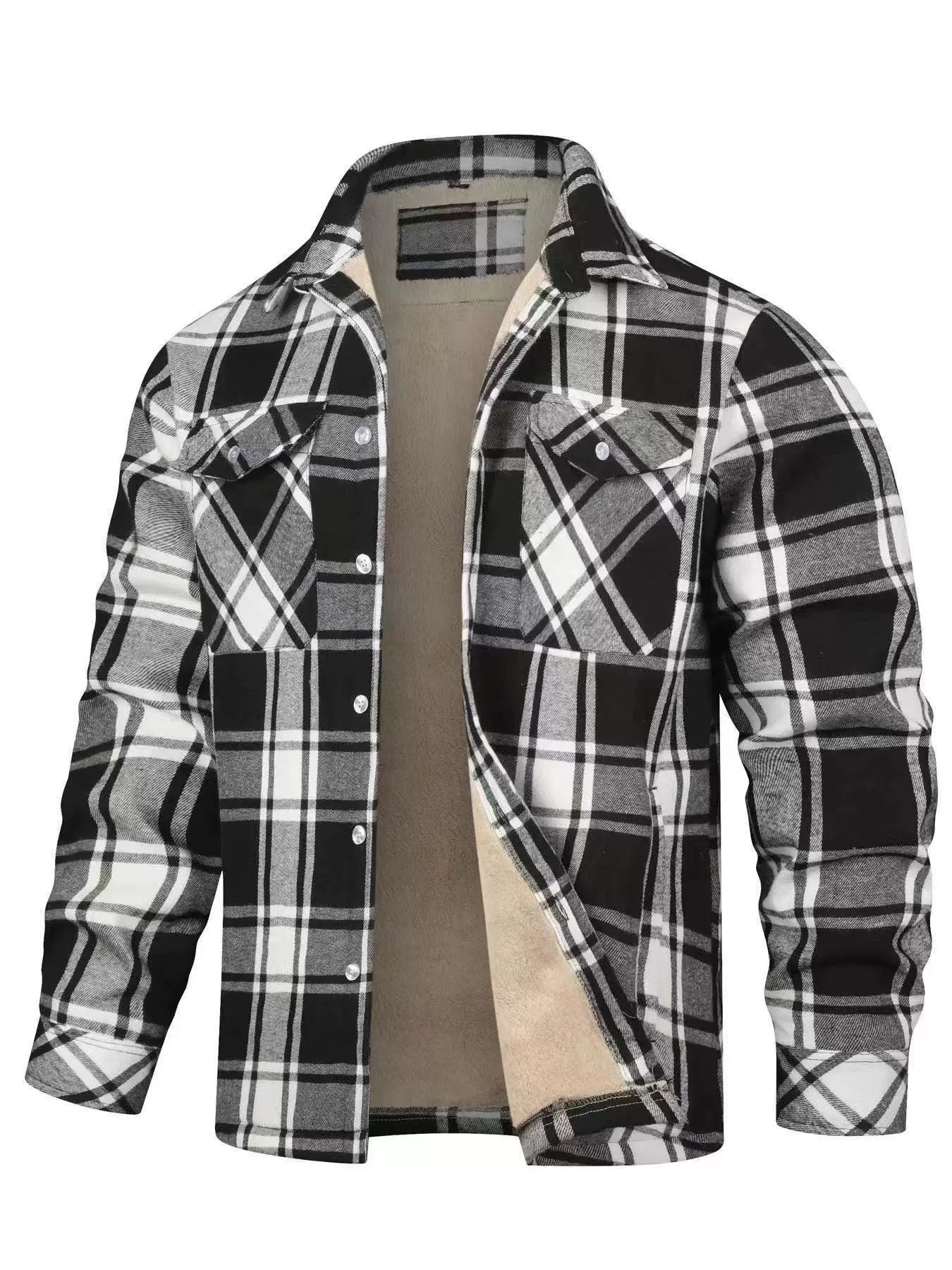 Fleece Lined Men's Jacket Long Sleeve Lapel Plaid