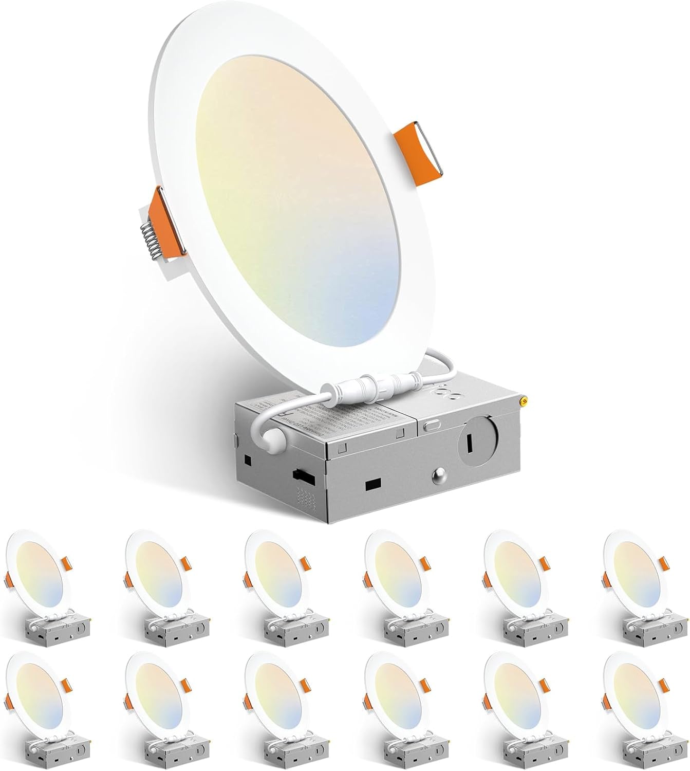 12 Pack 6 Inch 5CCT Ultra-Thin LED Recessed Ceiling Light with Junction Box, 1050LM Brightness, Dimmable Canless Wafer Downlight, 12W, ETL&FCC