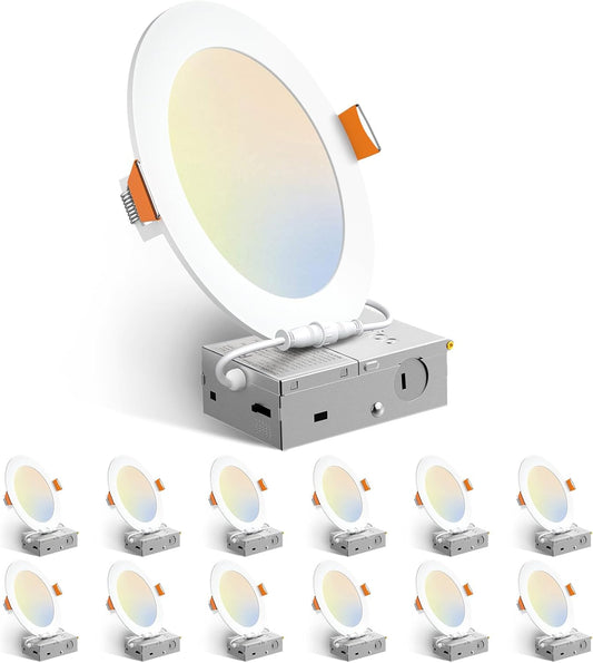 12 Pack 6 Inch 5CCT Ultra-Thin LED Recessed Ceiling Light with Junction Box, 1050LM Brightness, Dimmable Canless Wafer Downlight, 12W, ETL&FCC