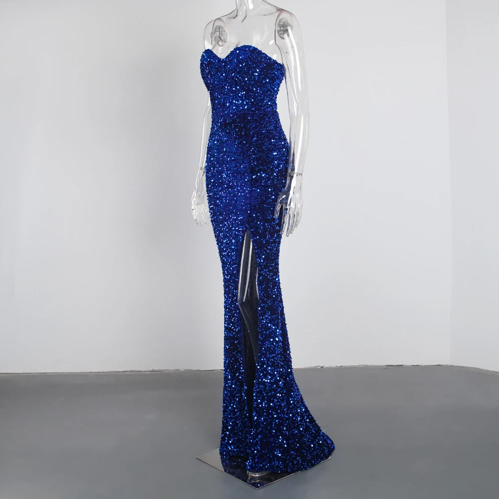 Sexy Split Sleeveless Stretch Sparkle Sequin Floor Length Party Dress Strapless Padded Bodycon Mermaid Maxi Dress Black