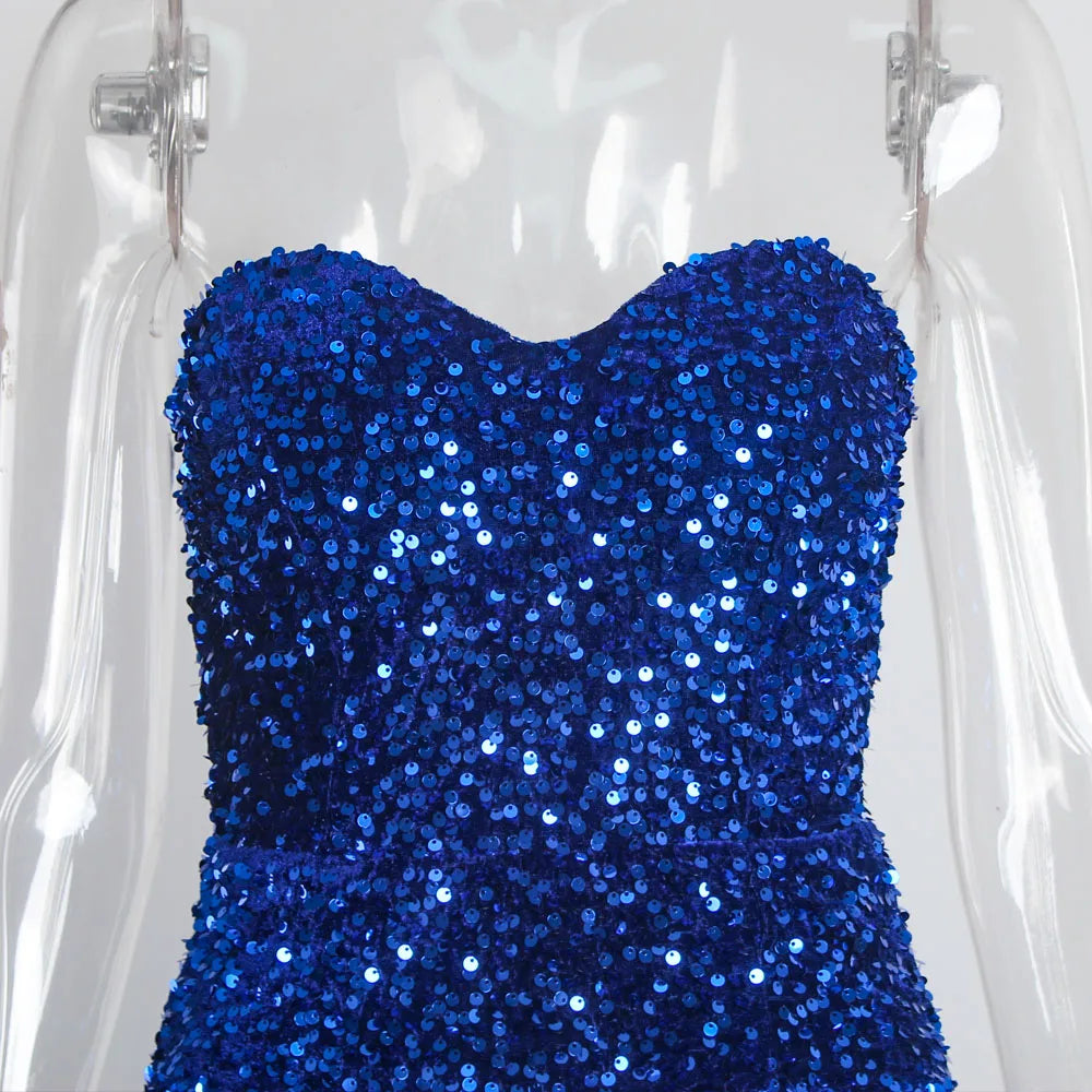 Sexy Split Sleeveless Stretch Sparkle Sequin Floor Length Party Dress Strapless Padded Bodycon Mermaid Maxi Dress Black