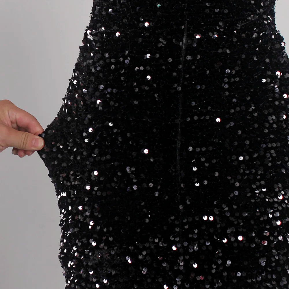 Sexy Split Sleeveless Stretch Sparkle Sequin Floor Length Party Dress Strapless Padded Bodycon Mermaid Maxi Dress Black